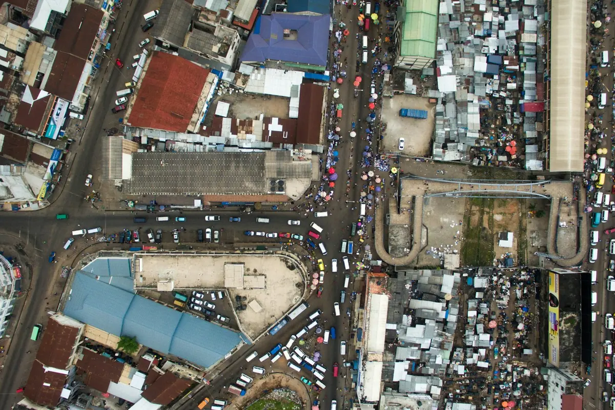 Aerial view of busy streets in central Kumasi